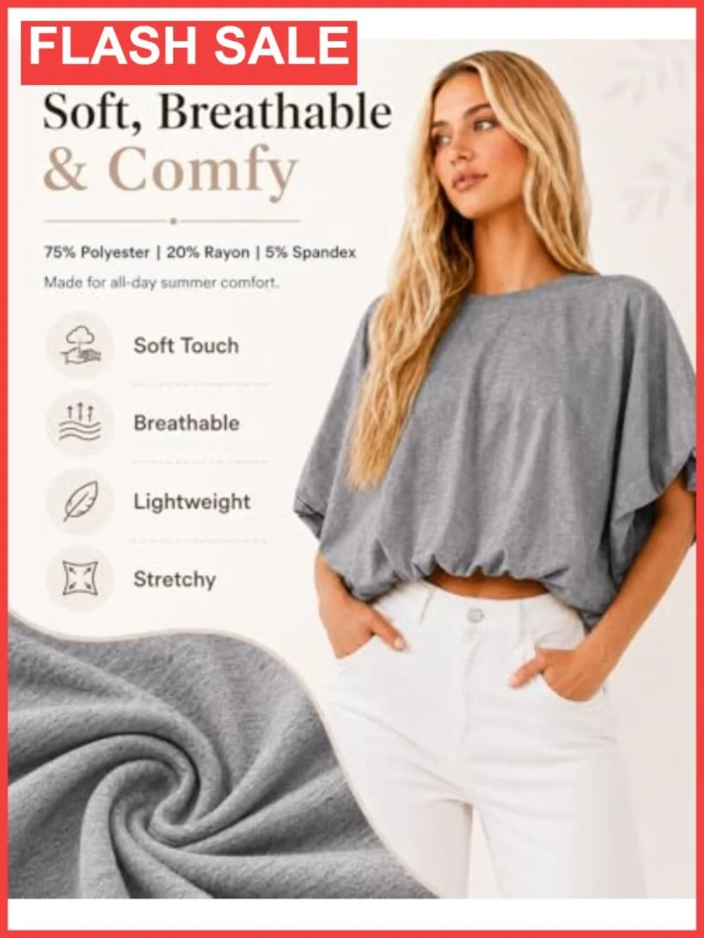 Bubble Hem Crop Top Short Sleeve Crewneck Loose Fit Casual Tee
